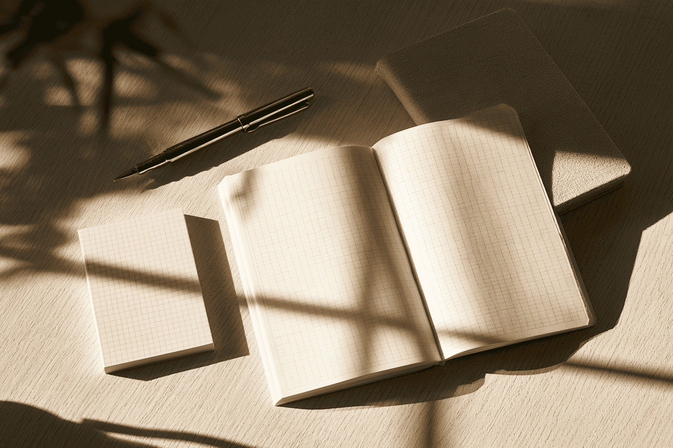 Blank grid notebook, memo pad and cloth notebook for a kanji practice log