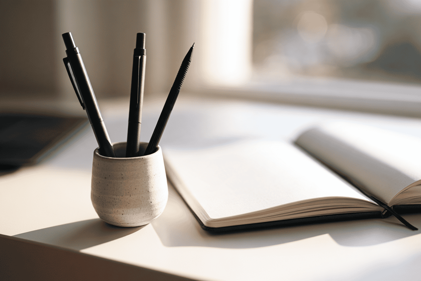Black gel pens and a mechanical pencil in a ceramic cup beside an open notebook