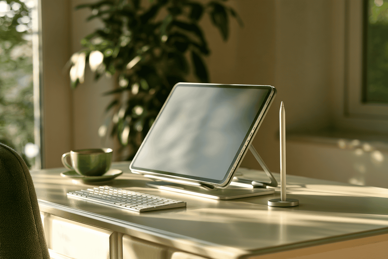 Tablet on a stand at a writing angle with a stylus and green tea
