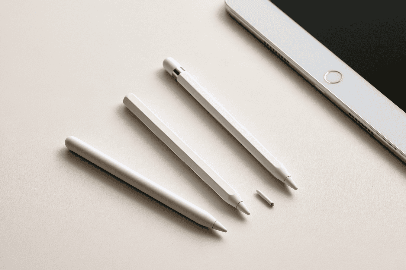 Two white tablet styluses and a spare nib beside a tablet