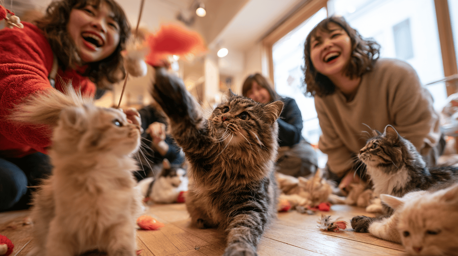 Joyful people playing with kittens in a cozy indoor setting in Japan.