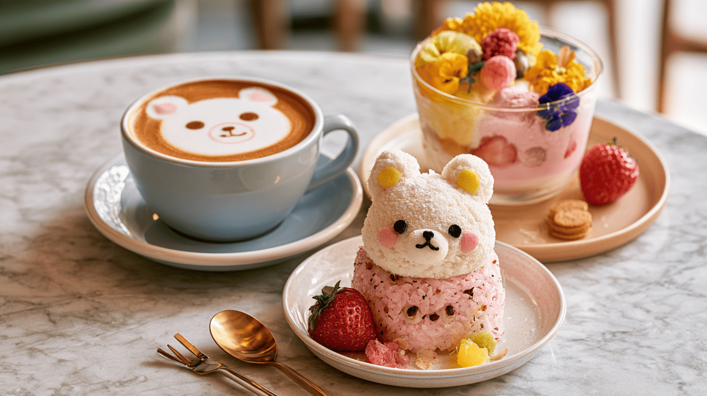 Adorable bear-shaped dessert with strawberries and a latte art bear in a cozy cafe.