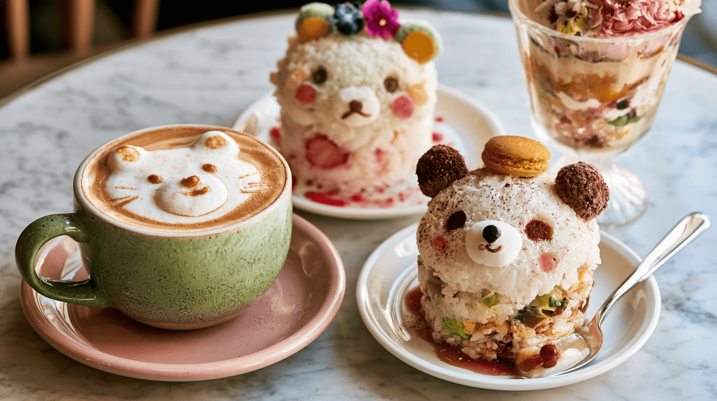 Adorable bear-themed desserts with coffee and parfaits on a marble table.