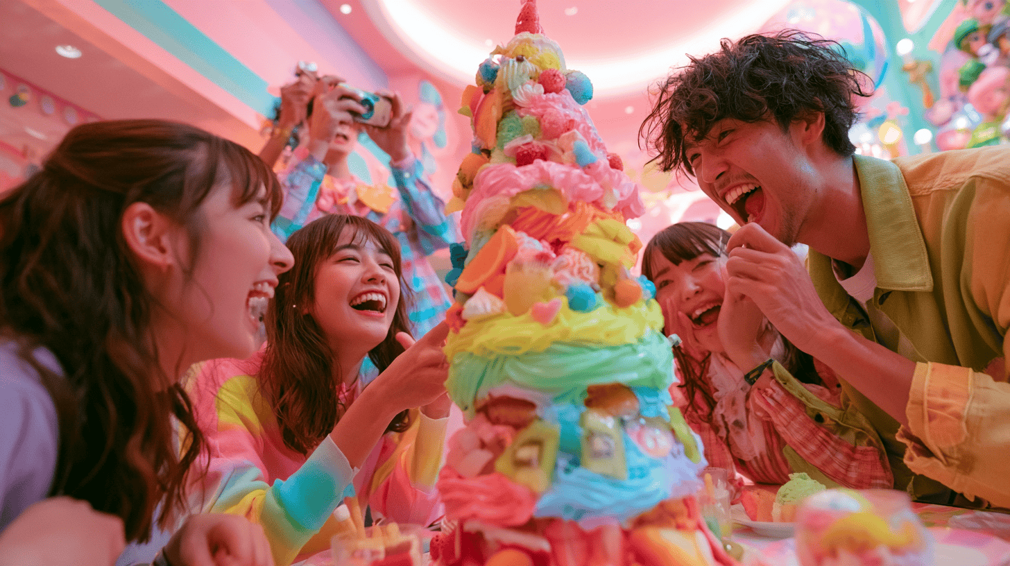 A layered celebration cake at a Japanese themed café, from the guide to themed cafés and restaurants