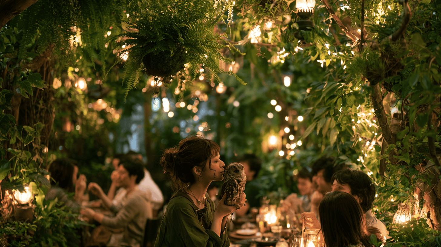 People enjoying dinner in a lush, illuminated Japanese garden at night.