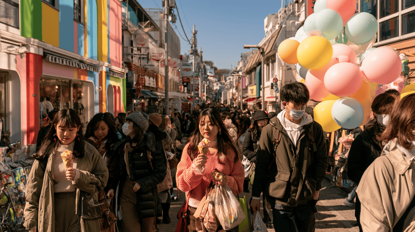 Crowded street in Japan with colorful buildings and balloons.