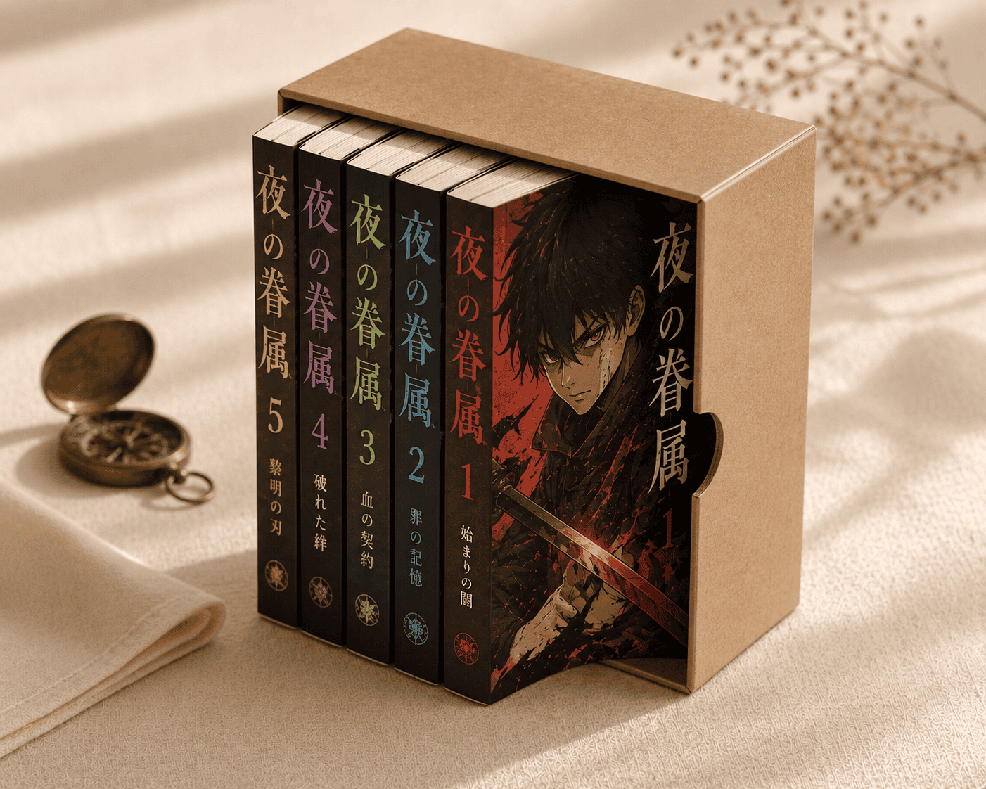 A five-volume manga box set with Japanese titles beside a brass compass on cream linen, a keepsake of manga shopping