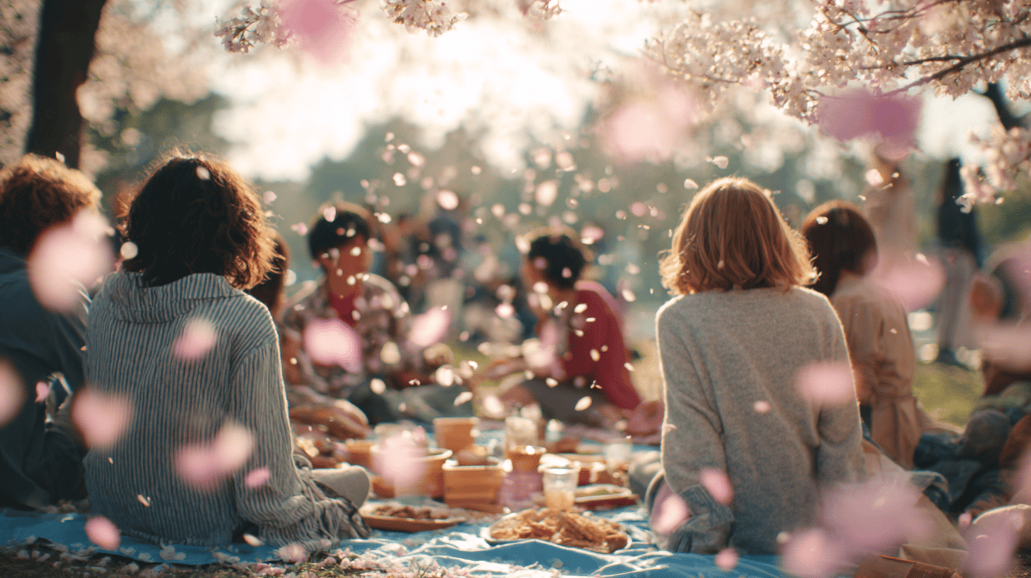 Friends sharing a hanami picnic under cherry blossoms, mono no aware among Japanese concepts for life