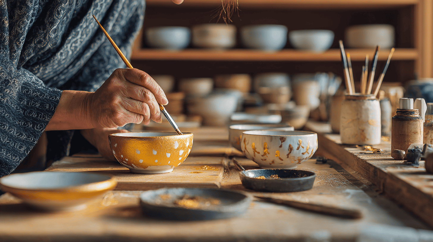 Hands applying gold lacquer to a repaired ceramic bowl in the kintsugi tradition