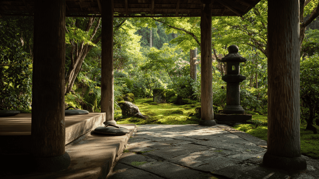 A wooden veranda opening onto a moss garden with stone lanterns and tall trees