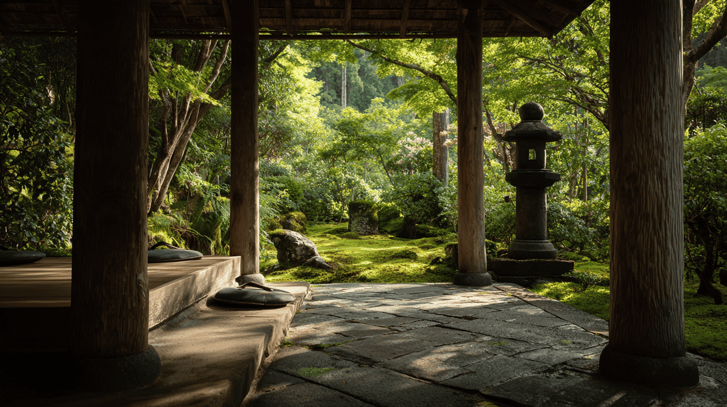 Wooden engawa veranda framing a moss garden, an example of ma in a Japanese house