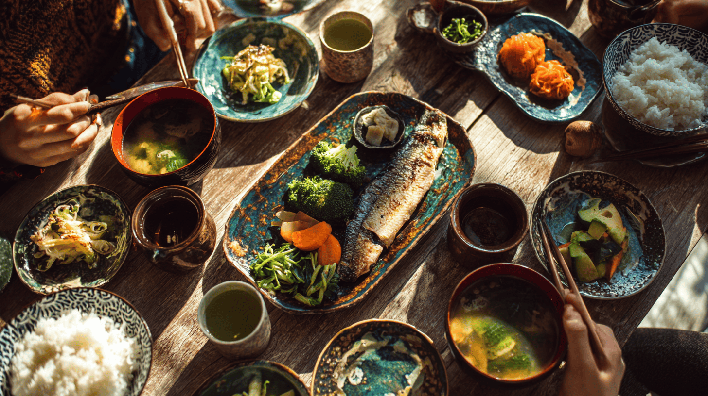 Hands passing dishes at a family meal, nagomi as one of the Japanese concepts for life