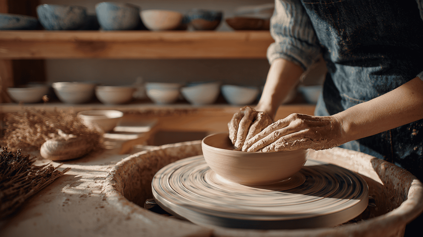 Beginner's hands at a potter's wheel with a teacher guiding, shoshin in practice