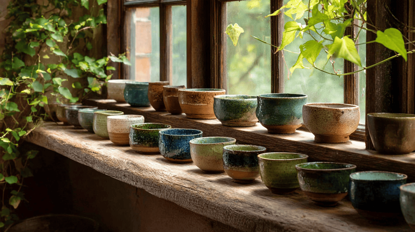 Sunny shelf of handmade tea bowls showing wabi-sabi, one of the Japanese concepts for life