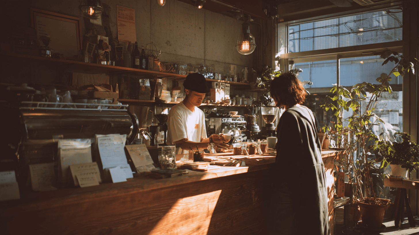 A barista handing a coffee to a regular customer at a small sunny Tokyo cafe counter