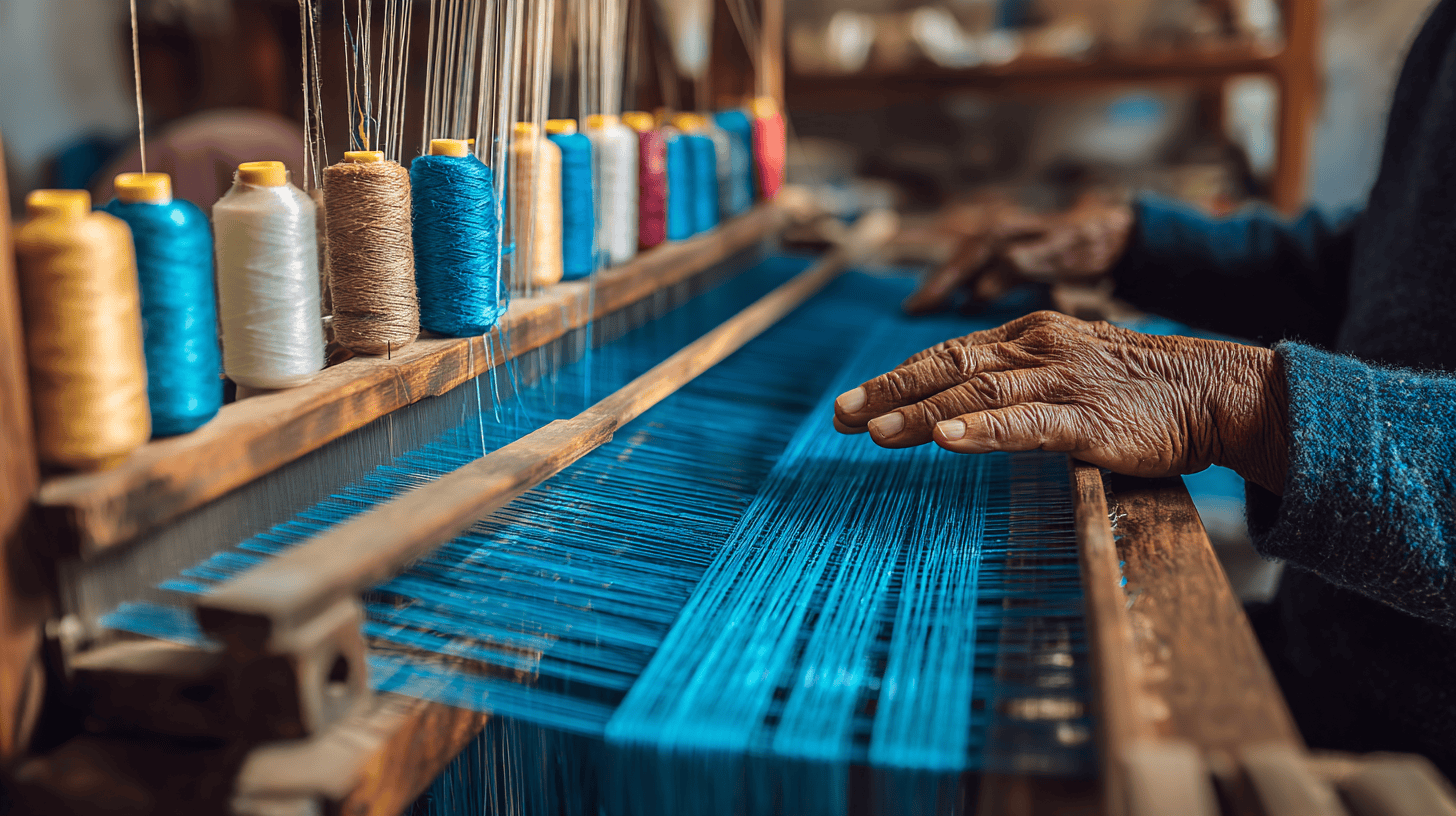 A weaver's hands at a wooden loom with indigo threads in a sunny workshop