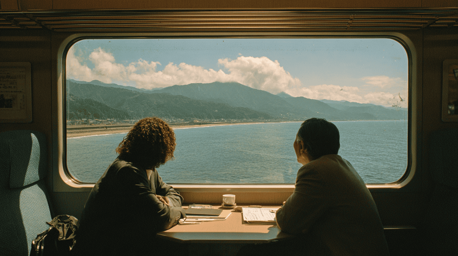 Two travelers chatting across a table on a scenic train, a chance meeting that captures the Japanese word for connection