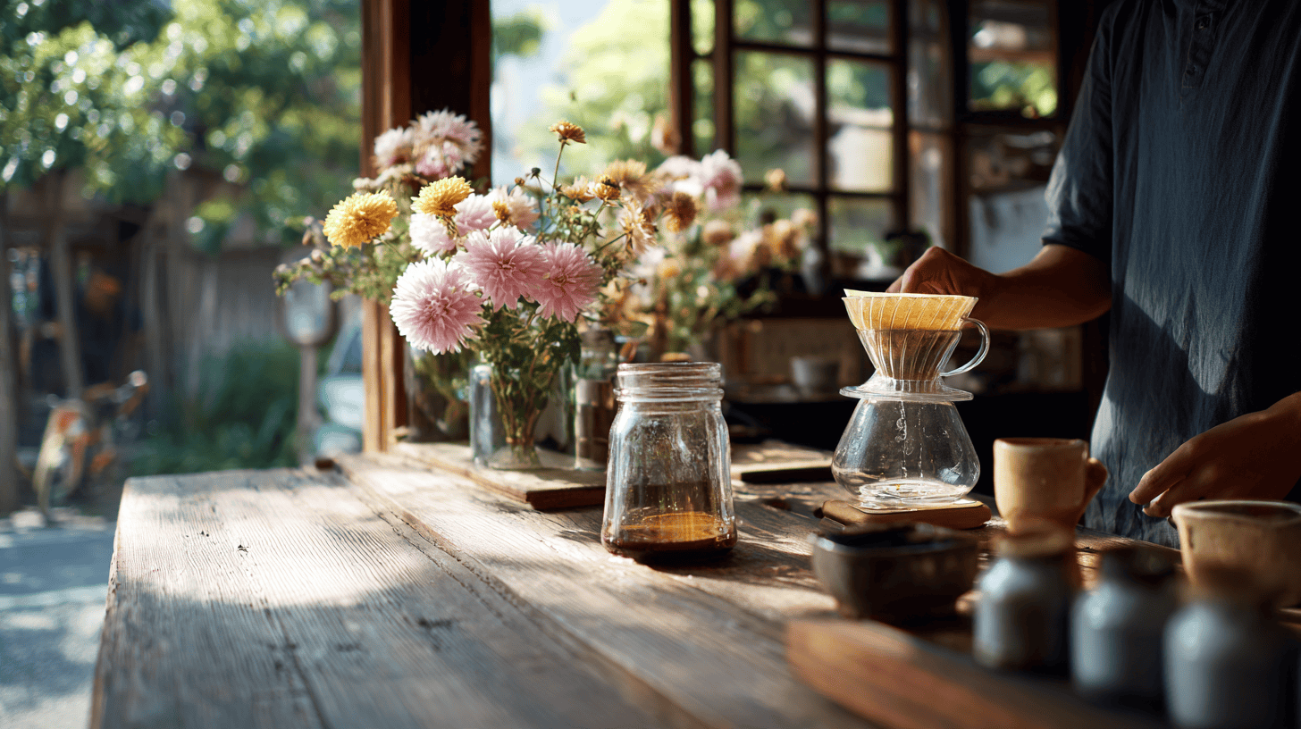 Café owner's hands pouring hand-drip coffee at a wooden counter in Japan, a daily act of care