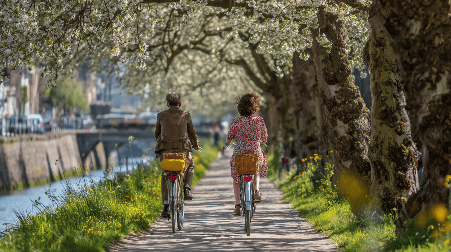 Two friends cycling to a morning market along a canal in a Japanese town