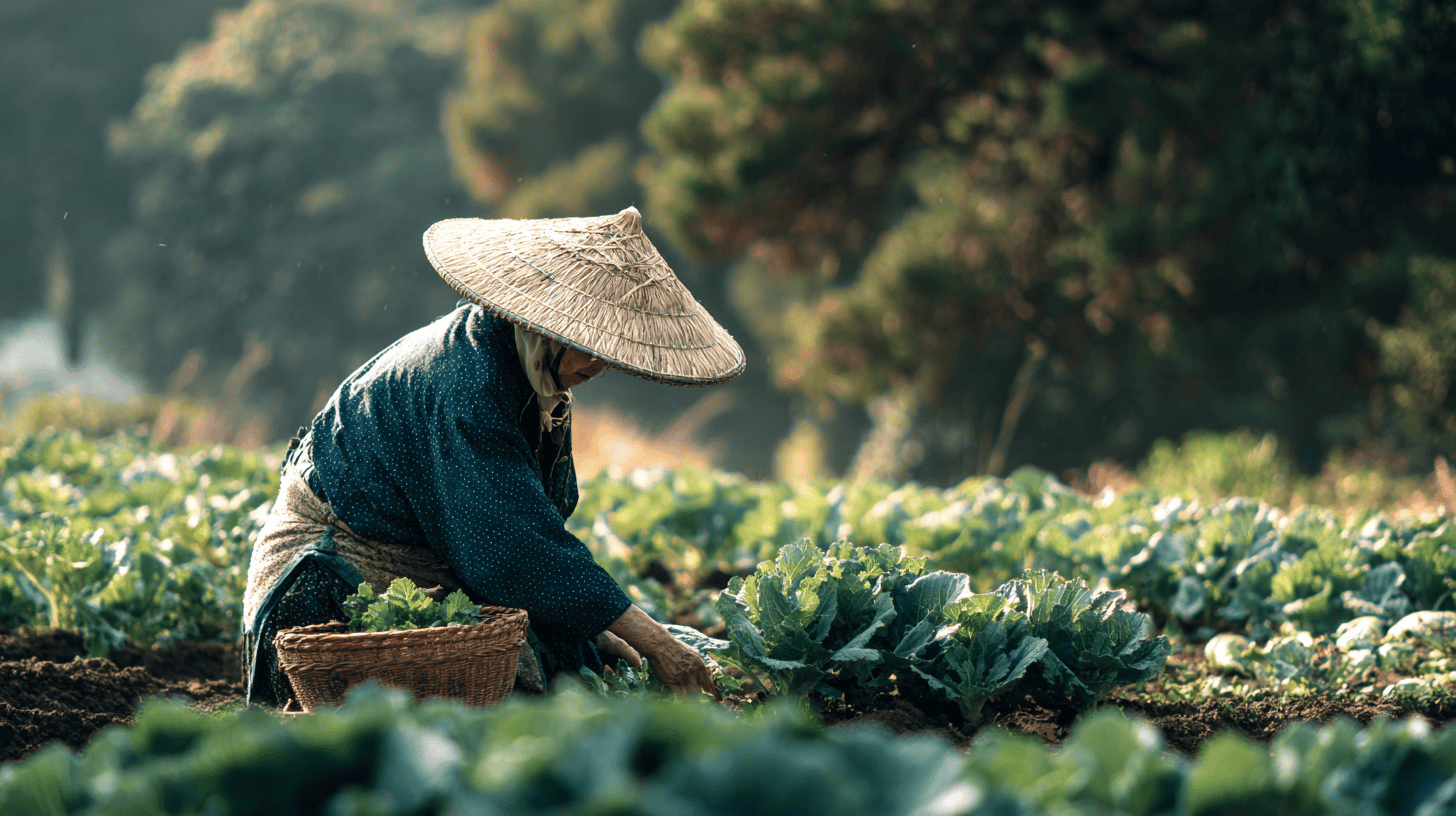 Older woman in a straw hat harvesting daikon from a home garden plot, a daily source for finding your ikigai