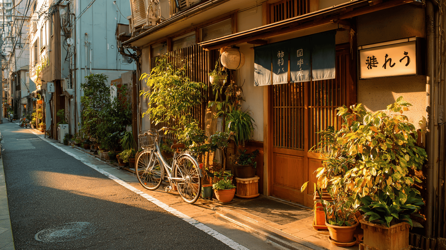 Neighborhood street in Japan at morning with a raised noren and a bicycle, a picture of how to find your ikigai in daily life