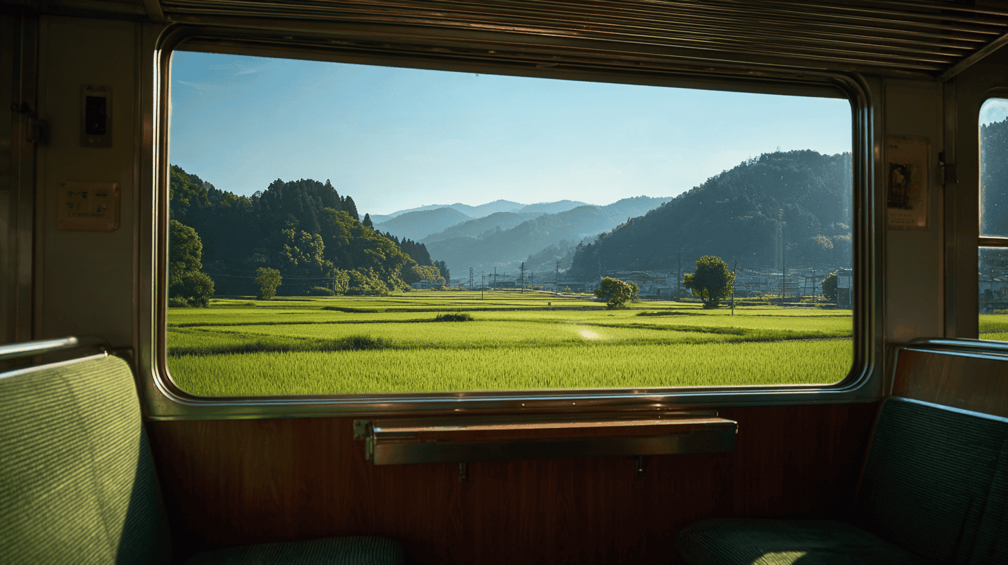 View from a local train window over green rice fields on a bright morning in rural Japan