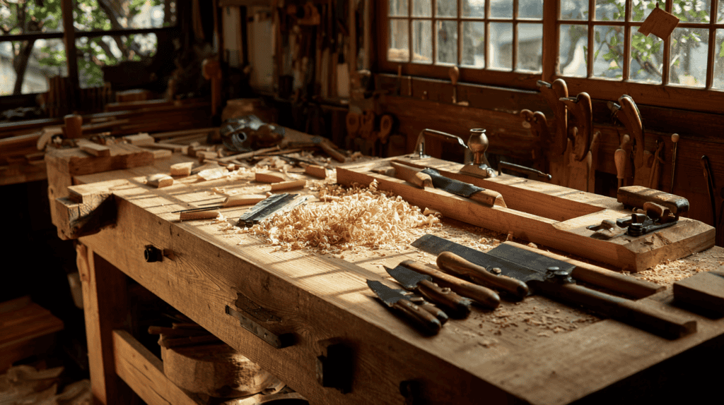 A Japanese woodworker's bench with planes, chisels and fresh cedar shavings in soft sunlight