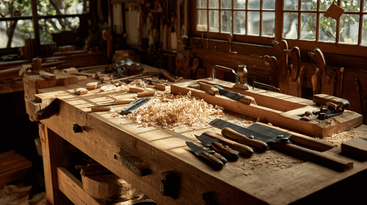 Japanese craftsman's workbench with cedar shavings in sunshine, showing how to find your ikigai in small daily work