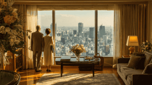 Elegant hotel room overlooking Tokyo skyline with large window and cityscape.