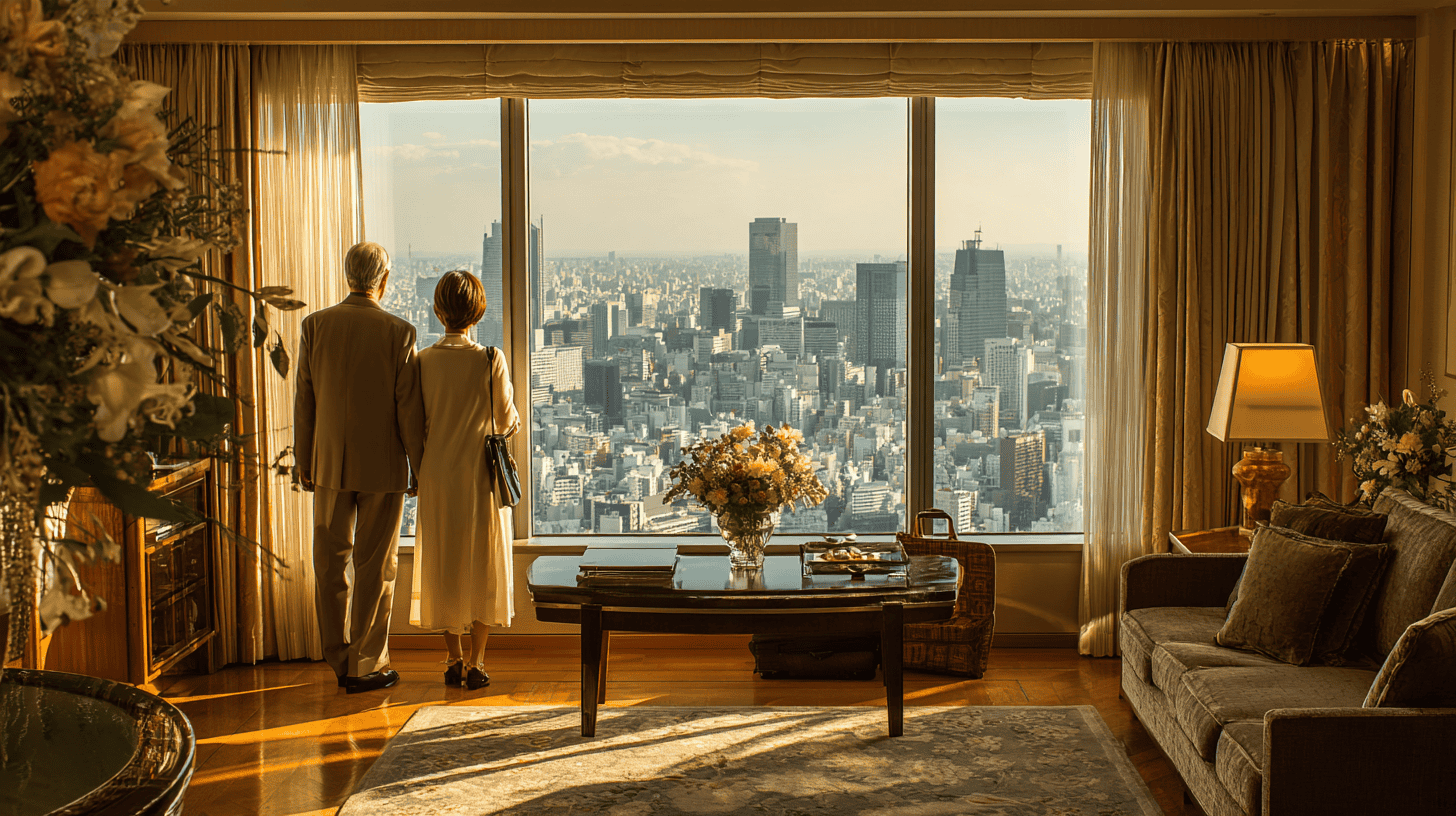 Luxury hotels in Japan: a couple in their sixties drawing back linen curtains in a high-floor Tokyo hotel suite in late afternoon sun, the city skyline spread below