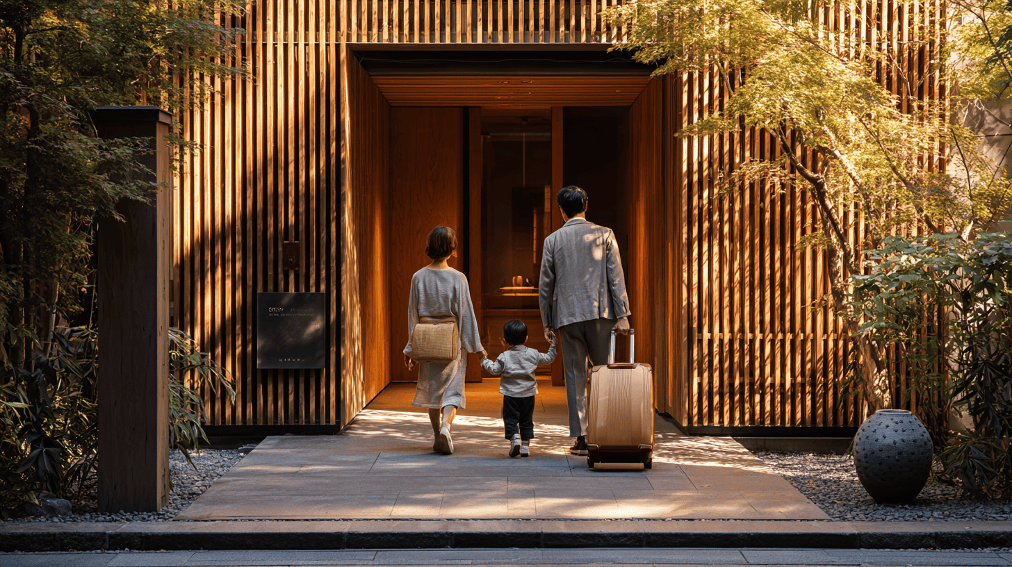 Luxury hotels in Japan: a family of three generations arriving at a low timber-slatted hotel entrance on a Kyoto lane in late afternoon sun, a porter wheeling their luggage
