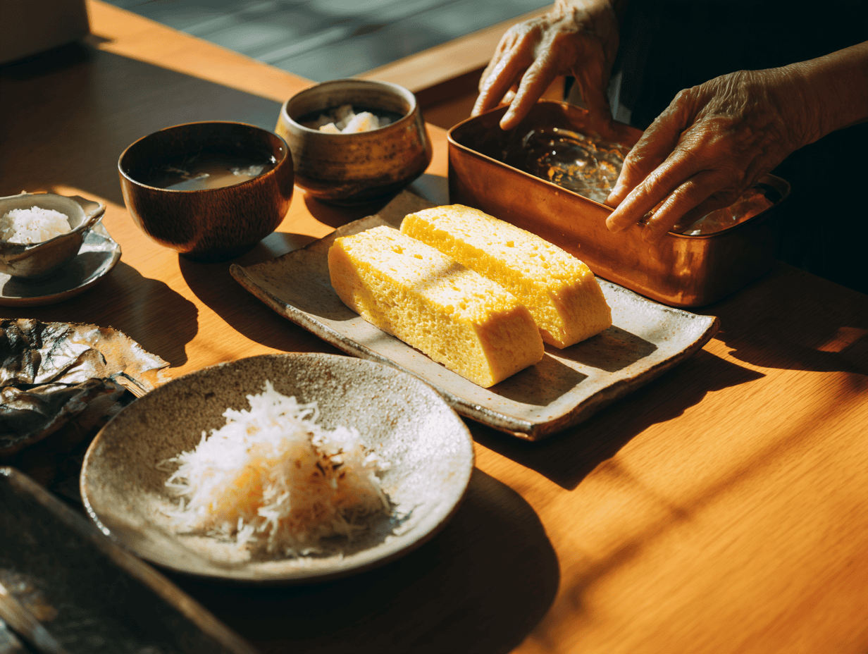 Hands sliding thick golden slices of dashimaki tamago, a rolled Japanese omelette, from a copper pan onto a ceramic plate
