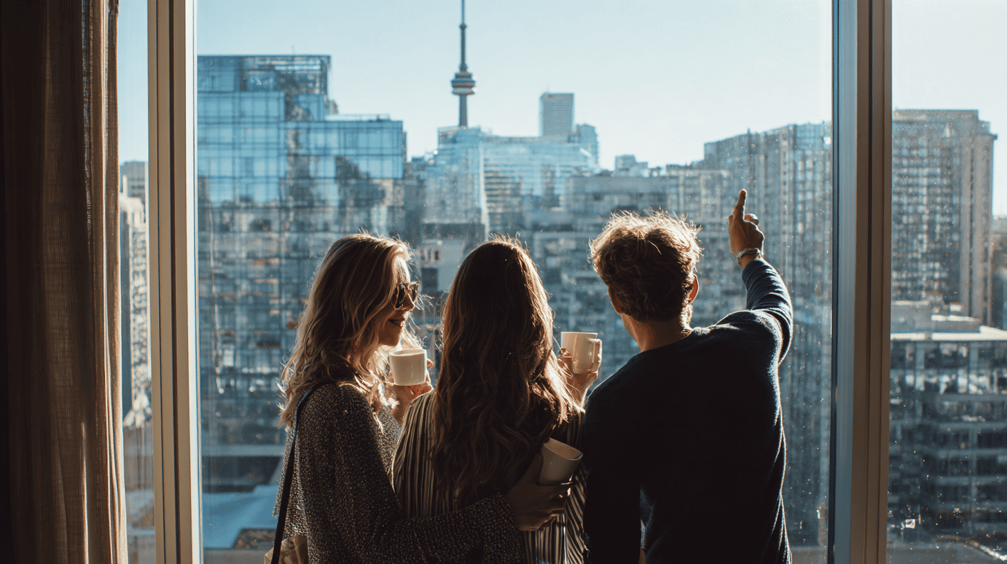Luxury hotels in Japan: three friends of mixed ages and genders standing at a floor-to-ceiling window in a high-floor Tokyo hotel lounge, one laughing and pointing toward a distant red-and-white tower