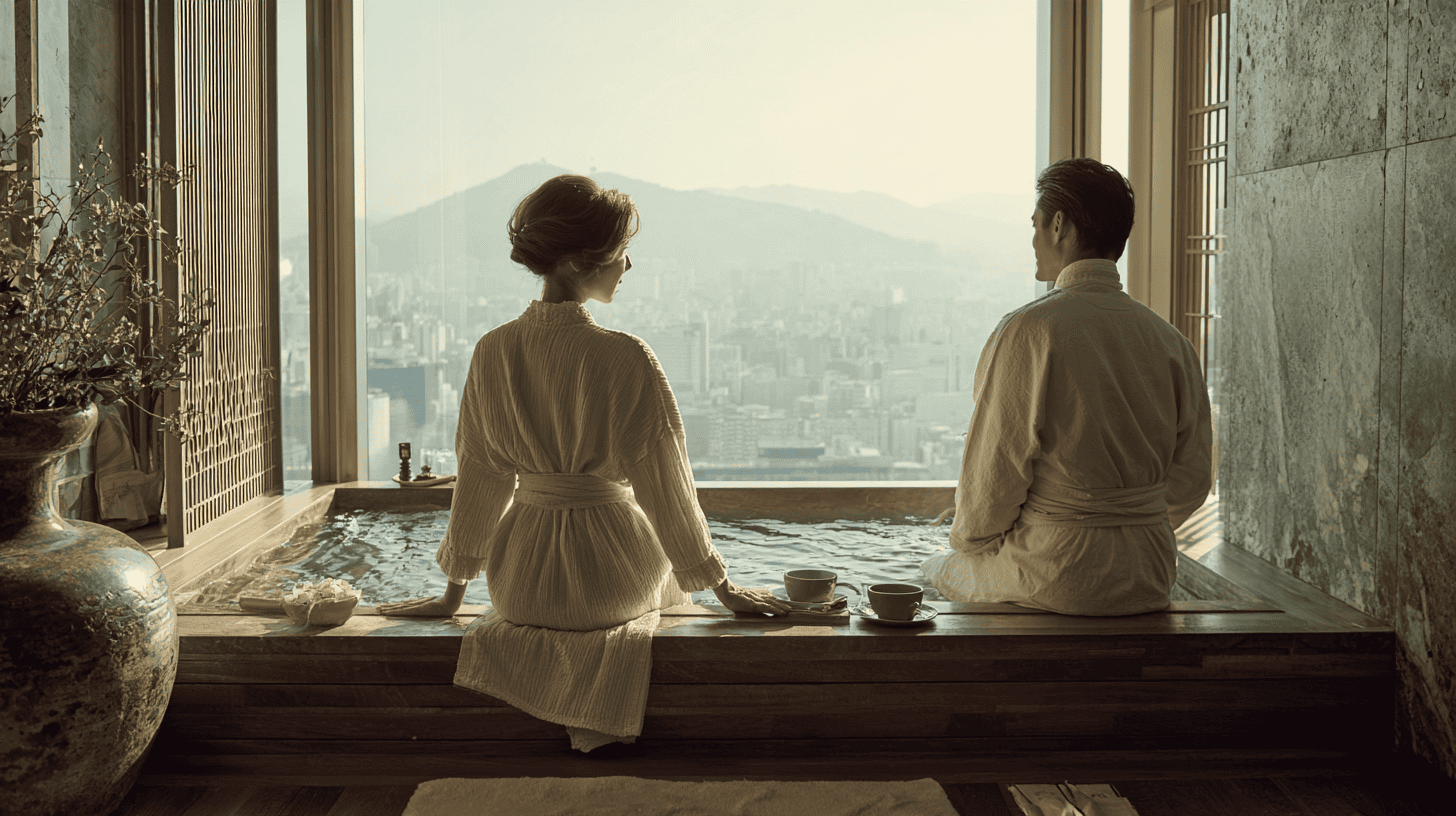 Luxury hotels in Japan: a woman in her fifties in a soft cotton robe sitting on the wide wooden edge of a deep stone soaking tub beside a tall window, trailing one hand in the water