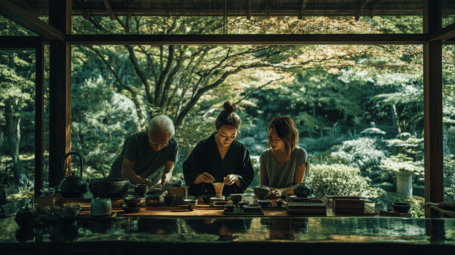 A host's hands whisking matcha in a ceramic bowl at a low wooden counter while an older man and a young woman lean in to watch, a sunlit garden of maples through the glass behind