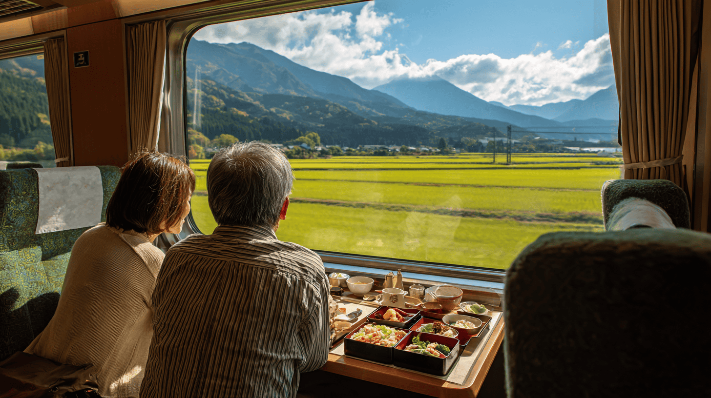 Two travelers, a man in his forties and a woman in her seventies, sharing a lacquered bento box in wide first-class train seats beside sunlit rice fields