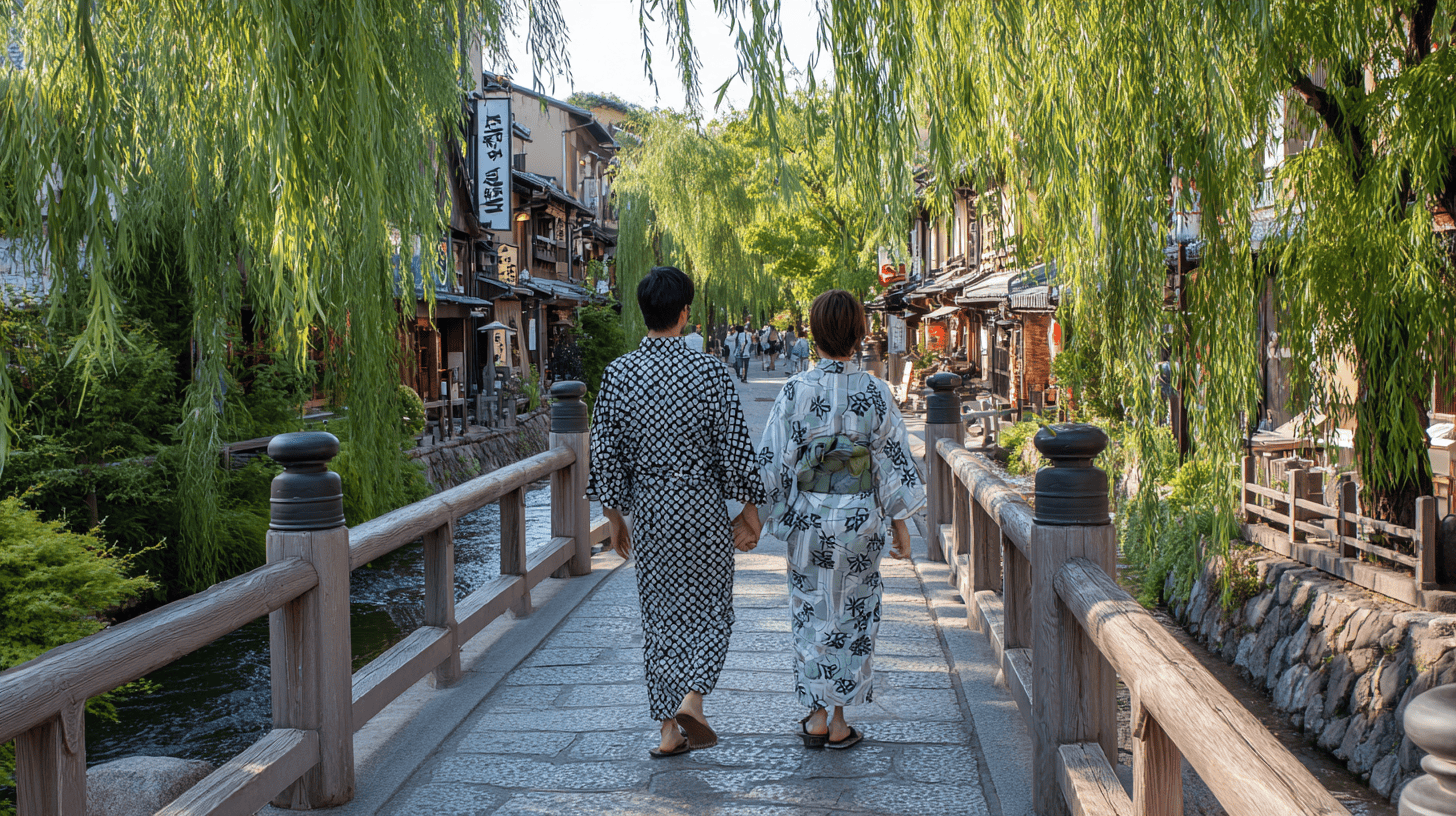 A luxury honeymoon in Japan in winter: a couple in cotton yukata strolling across a stone bridge over a willow-lined canal in a hot-spring town