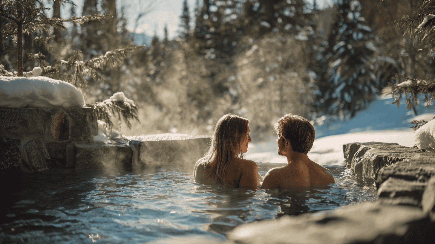 A luxury honeymoon in Japan with a private open-air stone bath on an inn terrace, snow on the rocks and pines in bright winter sun