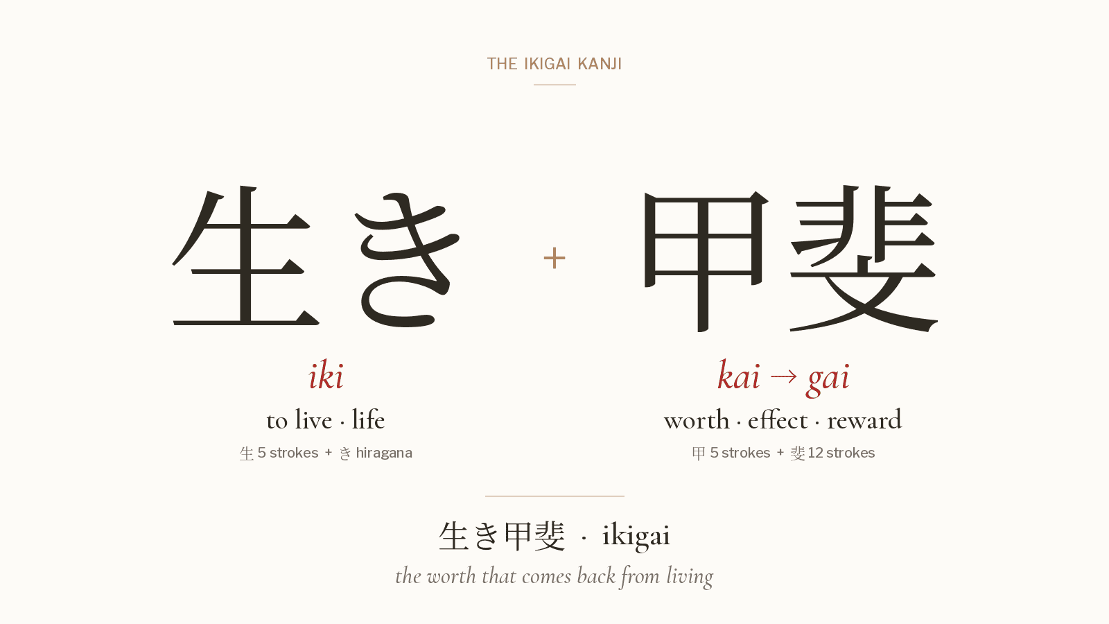 Ikigai kanji breakdown showing 生き and 甲斐 with their readings and meanings