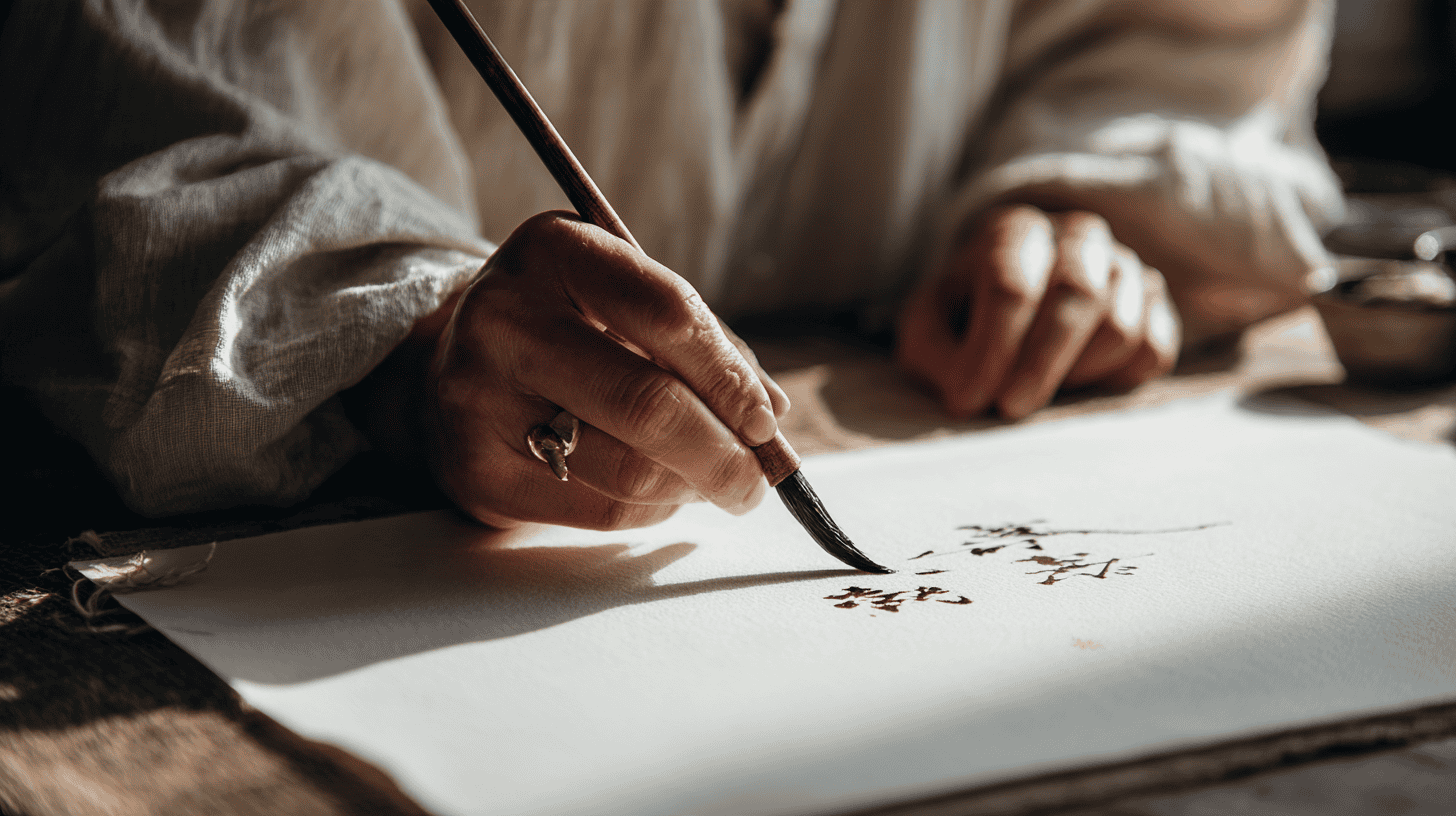 Two people's hands sharing a brush and ink while practicing the ikigai kanji at a sunny table