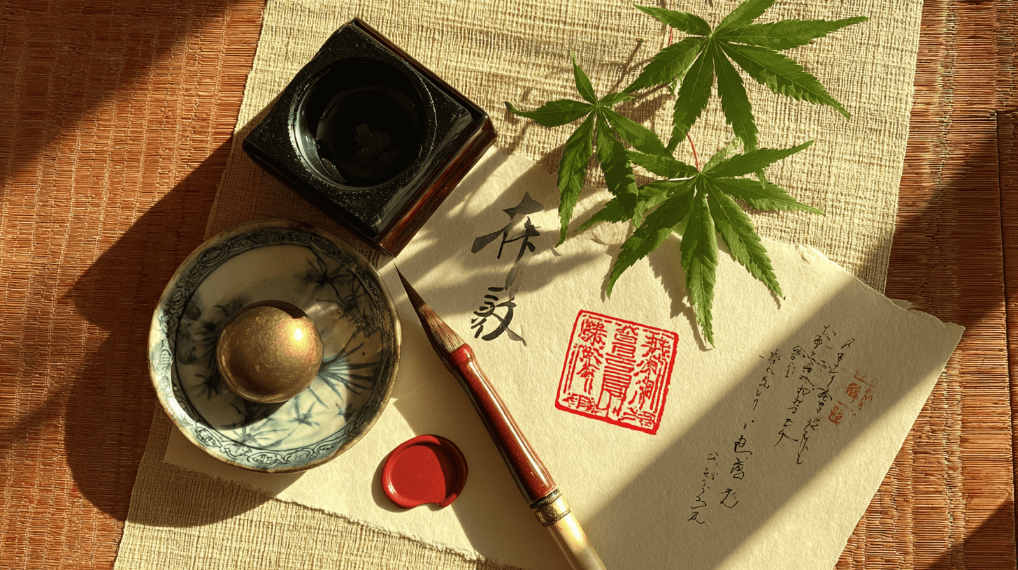 Inkstone, brush, washi and a red seal on a sunny desk, ready for writing the ikigai kanji