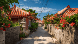 Coral-stone walls, a shisa and hibiscus along a village lane, the setting of the ikigai Okinawa story