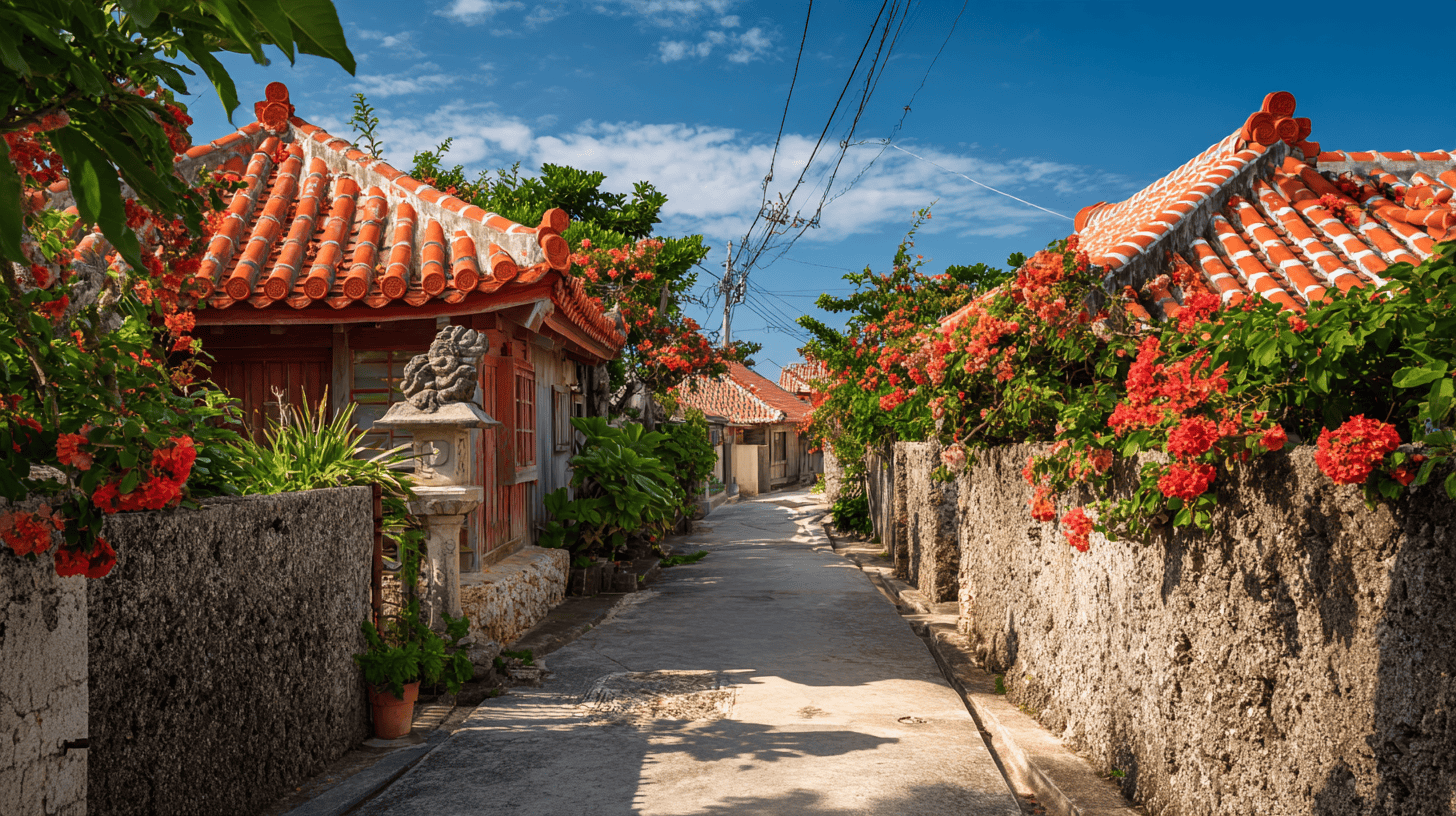 Coral-stone walls, a shisa and hibiscus along a village lane, the setting of the ikigai Okinawa story