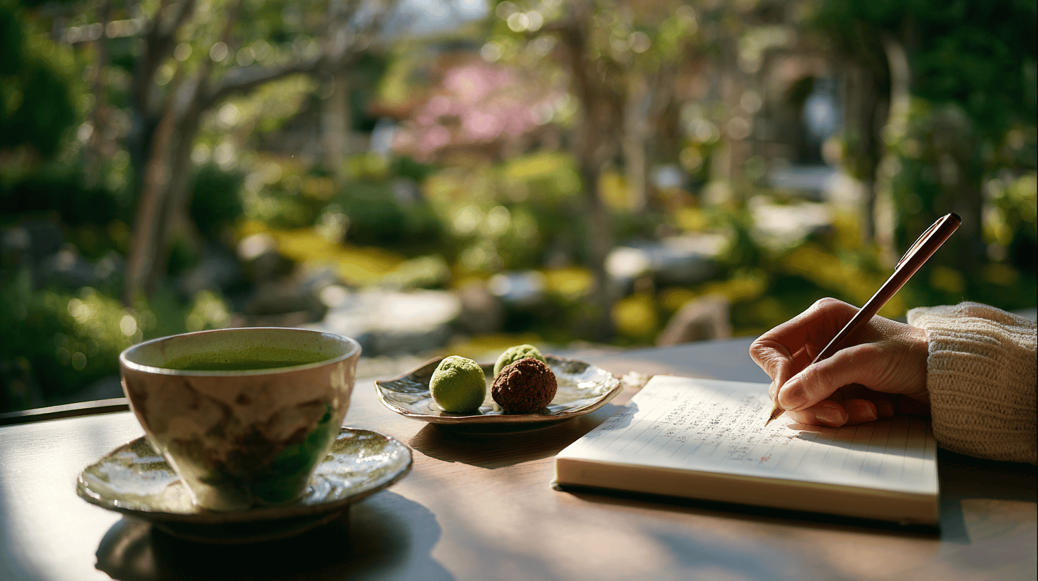 A person writing in a notebook on a sunny cafe terrace