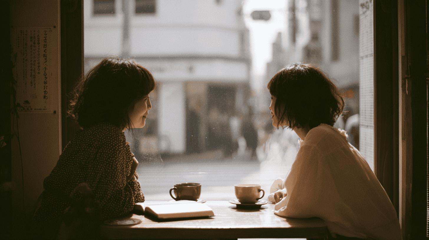 Two friends talking across a small café table by a window, coffee cups between them