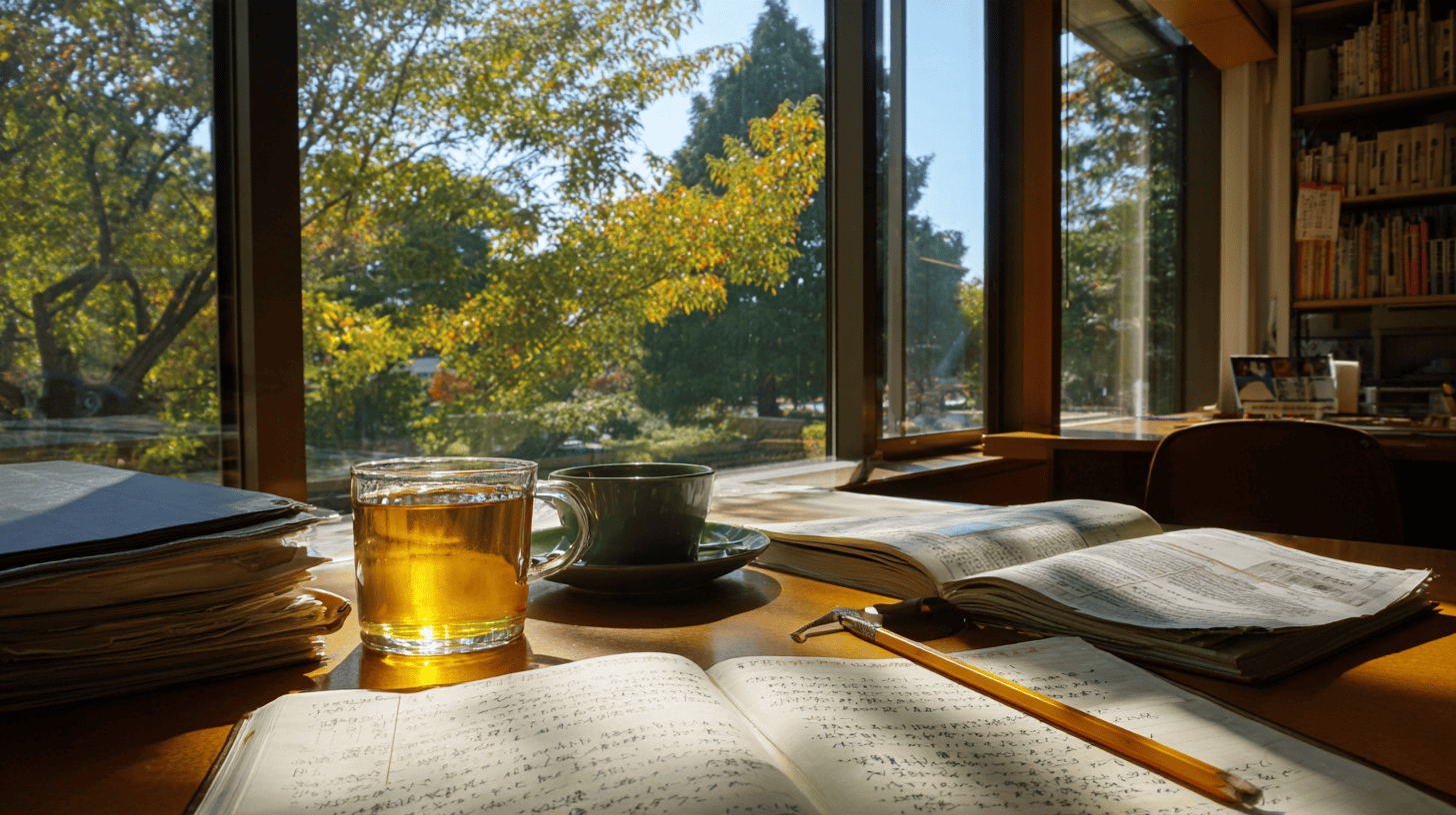 A sunny library desk with study books, the kind of hall where JLPT N4 kanji study tips are put to the test