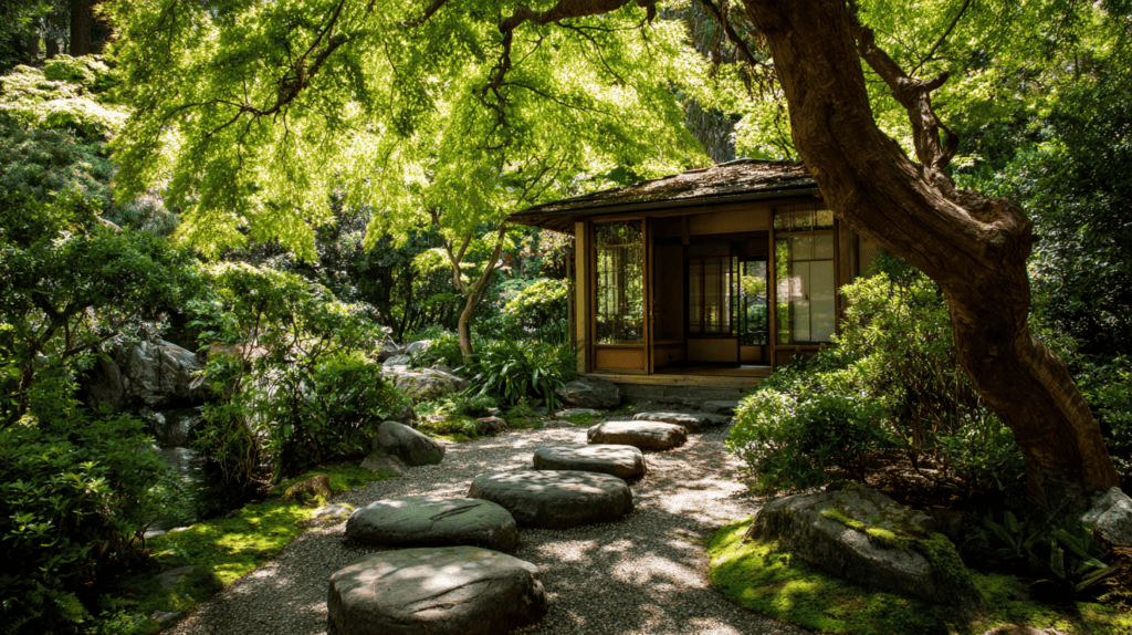 A small tea house with open doors at the end of a stepping-stone path through a green garden