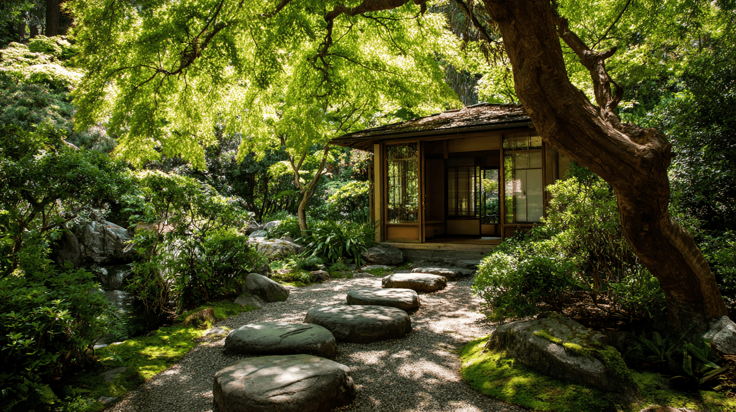 The psychology of travel in Japan in one scene: a sunlit tea garden with the tea house doors open to the morning