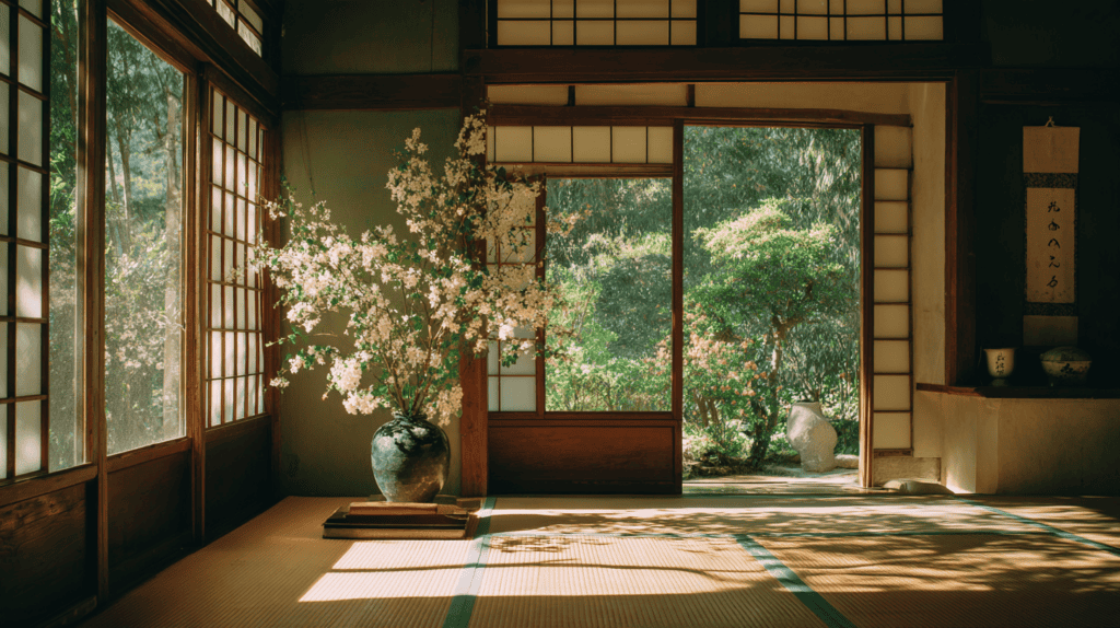 A tatami room opening onto a green garden, with a flowering branch in the alcove