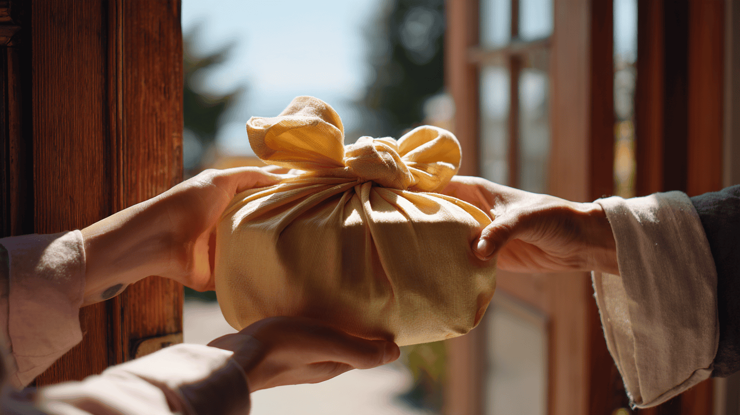 One person handing a furoshiki-wrapped lunch box to another at a sunny doorway, kizukai in action